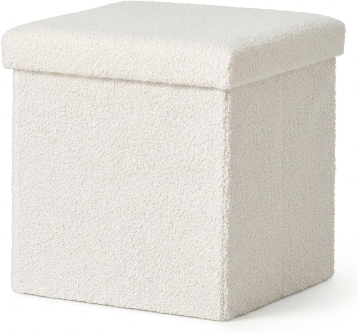 Luxe Go-Poufs Faux Fur Boucle Storage Ottoman, White, 15x15x15 in | Knock-Down Assembly, No Tools Required, Folding Flat Design, Hidden Compartment, Teddy Texture