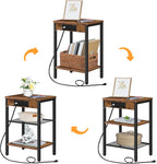 HOOBRO Side Table with Charging Station and USB Port, Small End Table for Small Space, 3-Tier Nightstand with Adjustable Shelf, for Living Room, Bedroom, Rustic Brown BF112BZ01