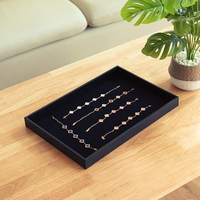 Black Velvet Stackable Jewelry Tray Showcase Display Stackable Necklace Bracelet Ring Showcase Display Empty Plate (2 Pack)