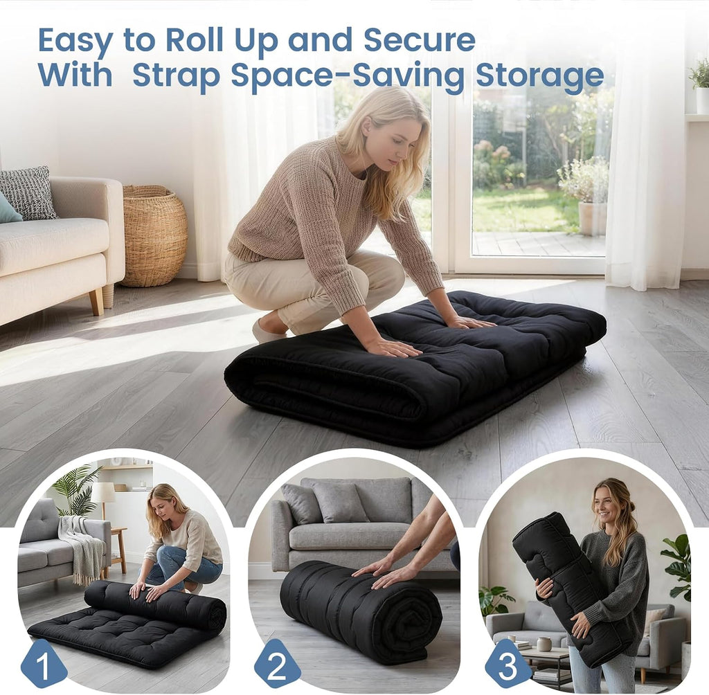Twin Size Japanese Futon Mattress Foldable Topper Mattress for Floor Tatami Floor Mat Portable Roll-Up Bed for Guest Play mat Sleeping Pad Black B