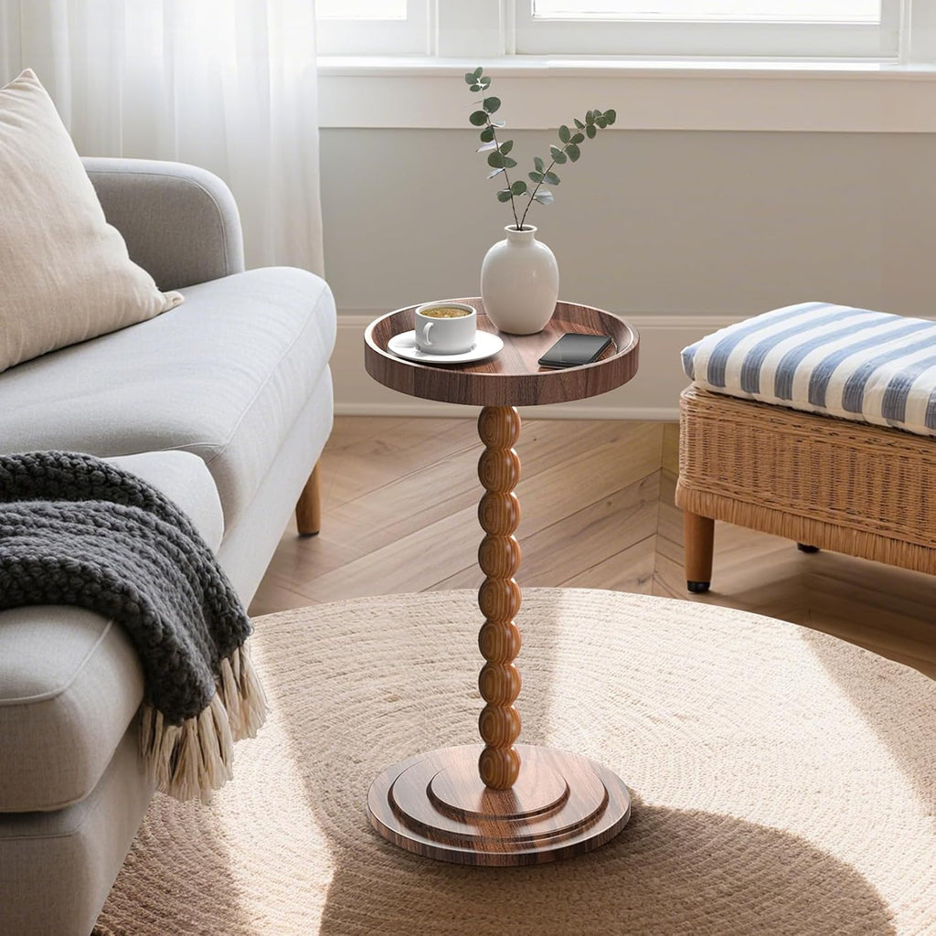 XNSDXV Round Side Table with Solid Wood Leg, Small Drink Table for Small Spaces, Martini Table with Raised Edge, Pedestal Side Table for Living Room, Bedroom,Sofa and Couch (Walnut Brown)