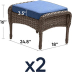 Outdoor Ottomans Patio Footrest Set of 2 - High Back Comfortable Brown Wicker Rattan Steel Frame Footstool Additional Bench Side Table for Porch Balcony Deck Garden Poolside - Navy Blue