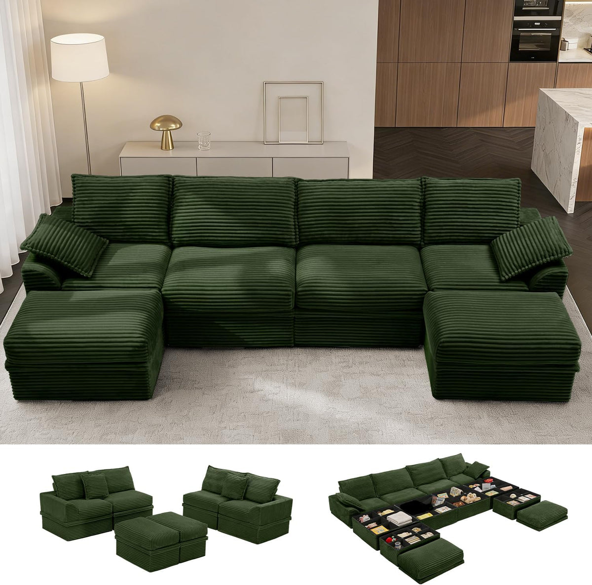 Upgrade Couch with Storage, Extra Deep&High Seat Modular Sectional Sofa 4 Seater U Shaped Cloud Couch with Ottoman, Tool-Free Assembly Sectional Couches for Living Room