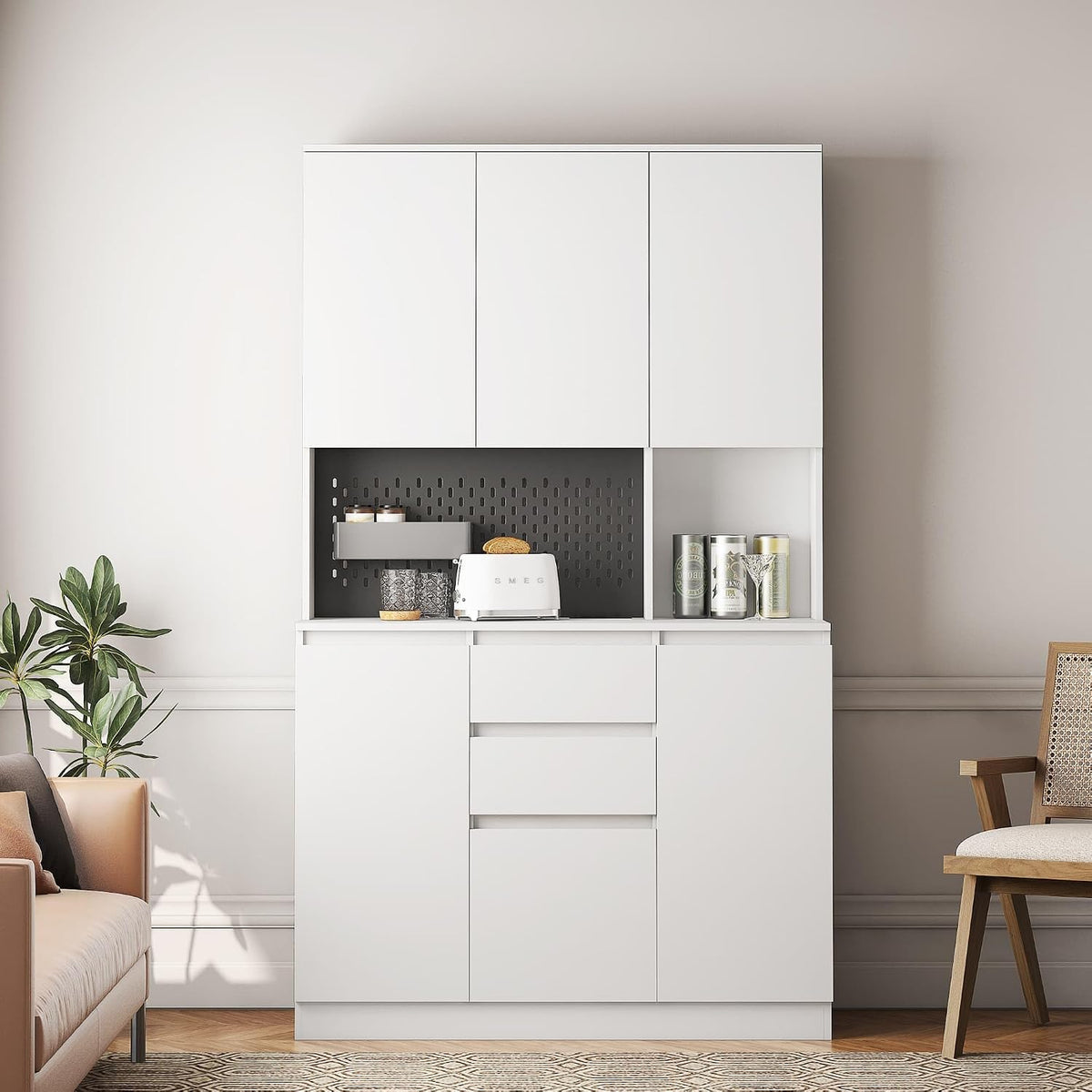 ZeHuoGe 74" Kitchen Pantry Cabinet with Charging Station,Freestanding Storage Cabinet with Drawers, Modern Pantry Cupboards with Microwave Stand for Living Room,Dinning Room (White)