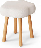 Cmishe Cloud Vanity Stool with Solid Beech Wood Legs, Boucle Makeup Chair for Bedroom, Flower Shaped Upholstered Ottoman, Cute Dressing Stool for Girls & Dorm, Cream White