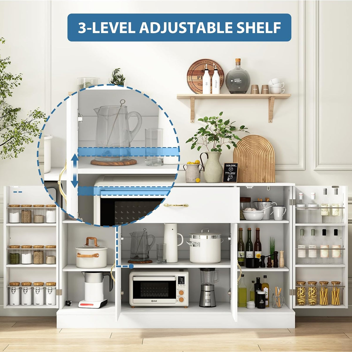 55" Kitchen Pantry Cabinet, Large Storage Cupboard with Doors and Shelves, White Kitchen Storage Cabinet with Drawer, Versatile Buffet Sideboard for Dining Room and Craft Room