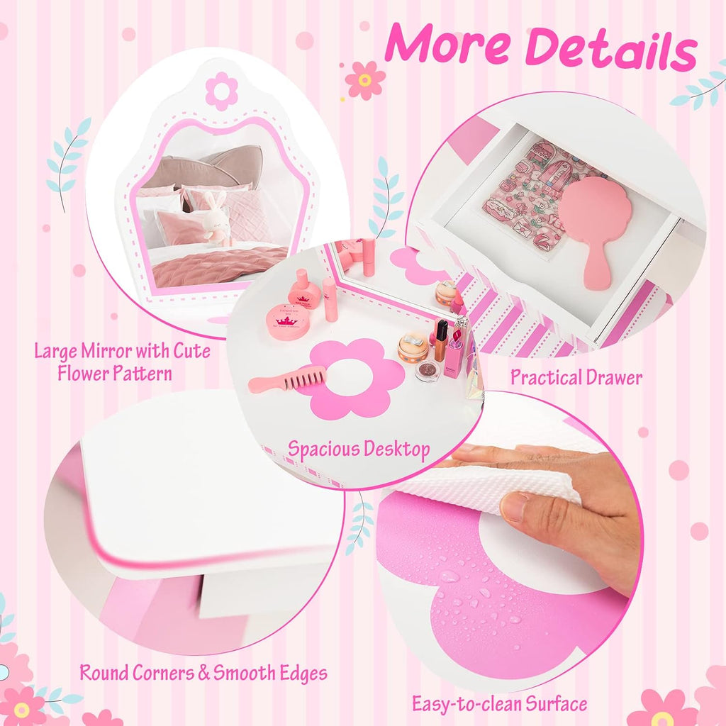 Costzon Kids Vanity, Girls Vanity Set with Mirror and Stool, Storage Drawer, Wooden Princess Makeup Dressing Table, Kids Vanity Table and Chair Set