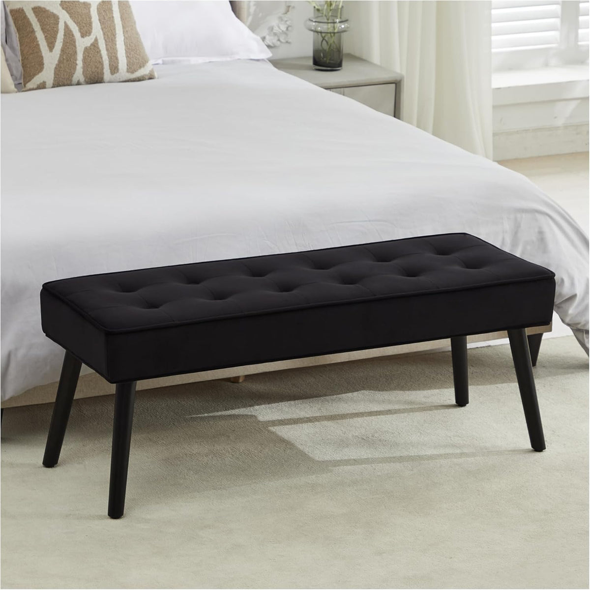 LOULENS 44'' Velvet Entryway Bench, Modern Upholstered Buttons Tufted End of Bed Bench with Solid Wood Legs, Comfortable Bed Ottoman for Bedroom, Living Room, Entryway, Hallway, Black
