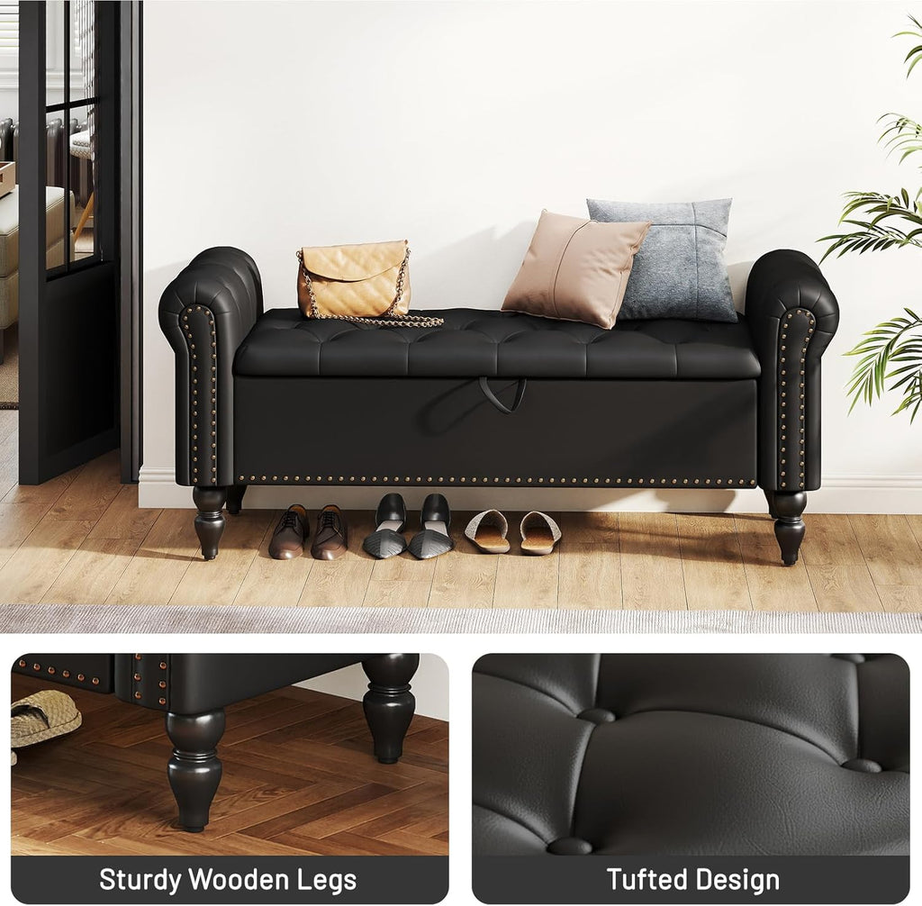 Furniliving 51” End of Bed Bench, Bedroom Bench with Button-Tufted, Large Upholstered Storage Ottoman Benches Entryway Bench with Storage Shoe Cabinet Bench, for Bedroom, Living Room, PU, Black