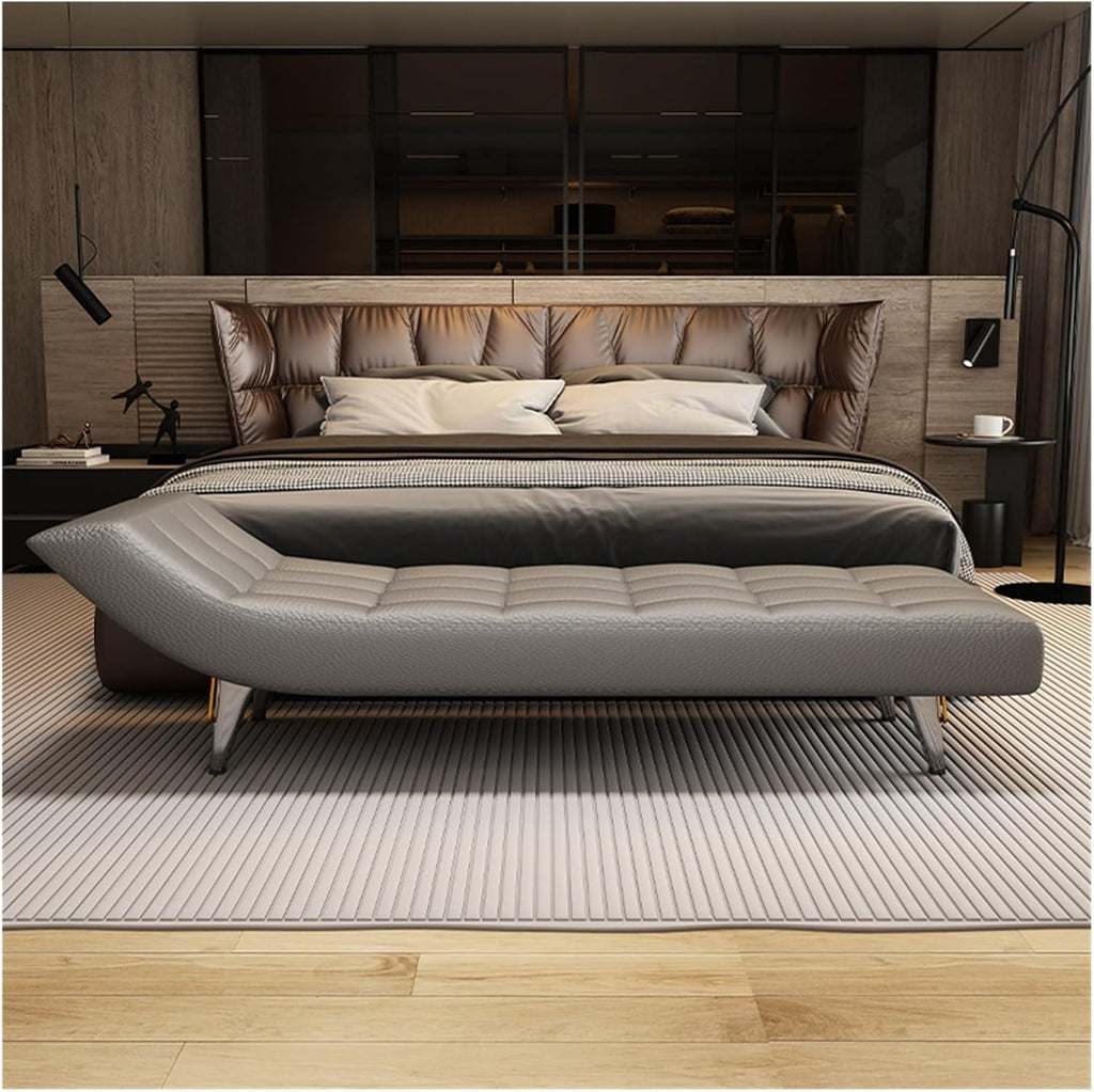 Modern End of Bed Bench, Upholstered Pu Leather Ottoman,Modern Tufted Long,Faux Fur Entryway with Metal Legs Entryway(Gris,1.8m)