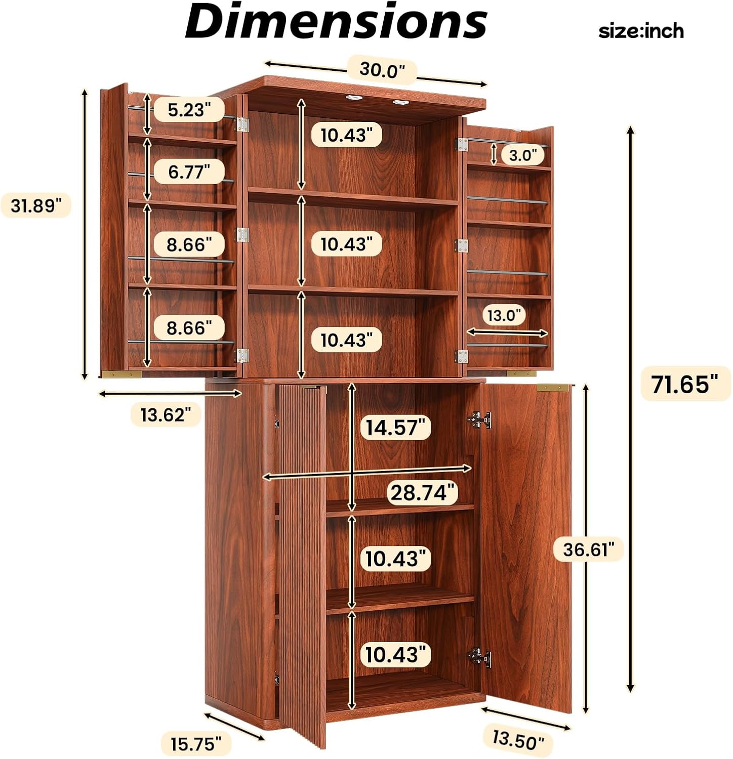 72" Tall Kitchen Pantry Modern Fluted Wood Storage Cabinet with Doors,6 Door Shelves, Organizer, Versatile Cupboard for Kitchen Dining (Walnut-Fluted)