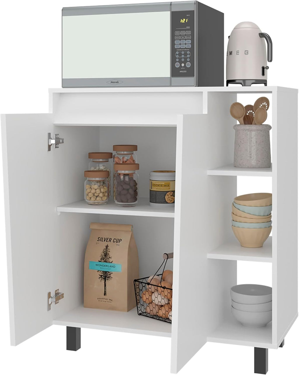 Tuhome Cesna Microwave Sideboard Kitchen Pantry Cabinet, 36.3" Freestanding Pantry Storage with 2 Doors, 5 Shelves & Appliance Surface, White Engineered Wood