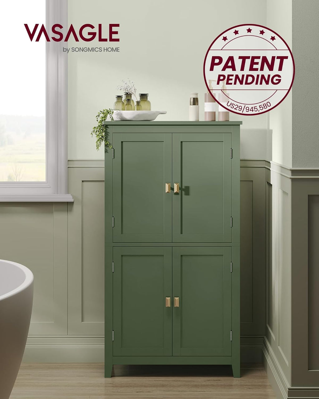 VASAGLE Floor Storage Cabinet, Freestanding Unit, 4 Doors | Adjustable Shelves, 11.8 x 23.6 x 43.3 Inches, for Entryway, Bathroom, Forest Green, UBBC552C01