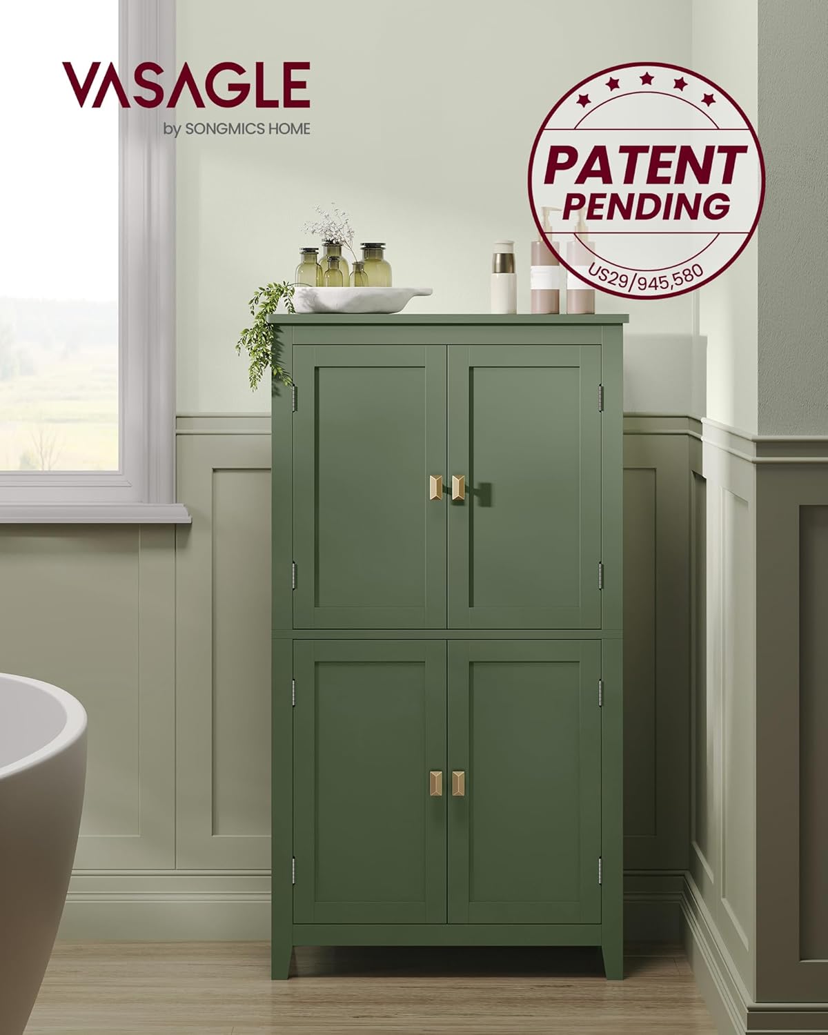 VASAGLE Floor Storage Cabinet, Freestanding Unit, 4 Doors | Adjustable Shelves, 11.8 x 23.6 x 43.3 Inches, for Entryway, Bathroom, Forest Green, UBBC552C01