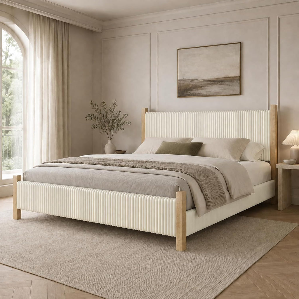IMMERSTABLE King Bed Frame with Headboard, Upholstered Platform Bed, Beige