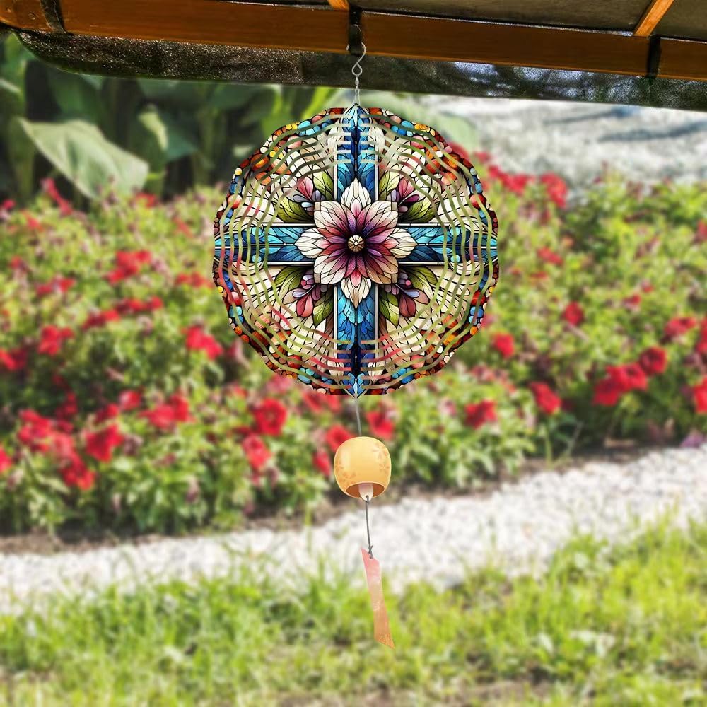 Cross Wind Spinner, Metal Wind Spinners Outdoor/Indoor, Cross Flower Hanging Garden Decor for Outside, Stainless Wind Spinners for Yard and Garden 10 inch 3D (25.76X25 CM)