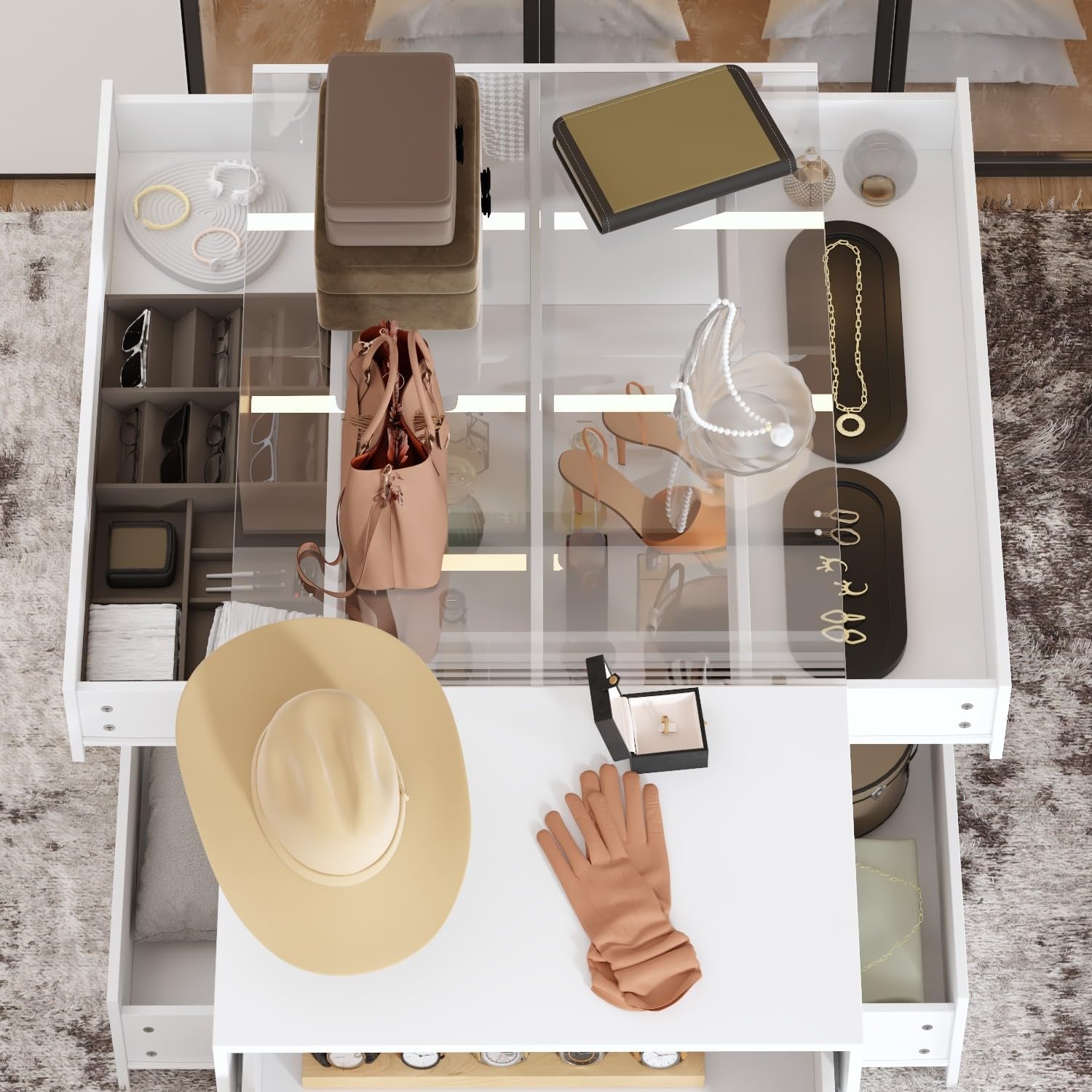 Armoire Bedroom Island Wardrobe Closet Island with 8 Drawers & Glass Tabletop, Walk in Closet Island with Drawers, Island Dresser with Display Shelf, for Bedroom White 47.2”W x 23.6”W x 31.5”H
