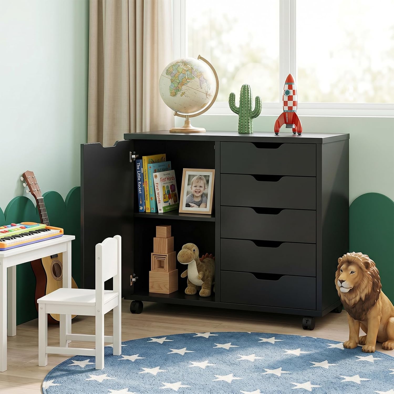 5 Drawer File Cabinet with Wheels, Rolling Office Storage Cabinet with Shelves and Door, Printer Stand with Drawers, Under Desk Filing Cabinet with Wood Board, Black