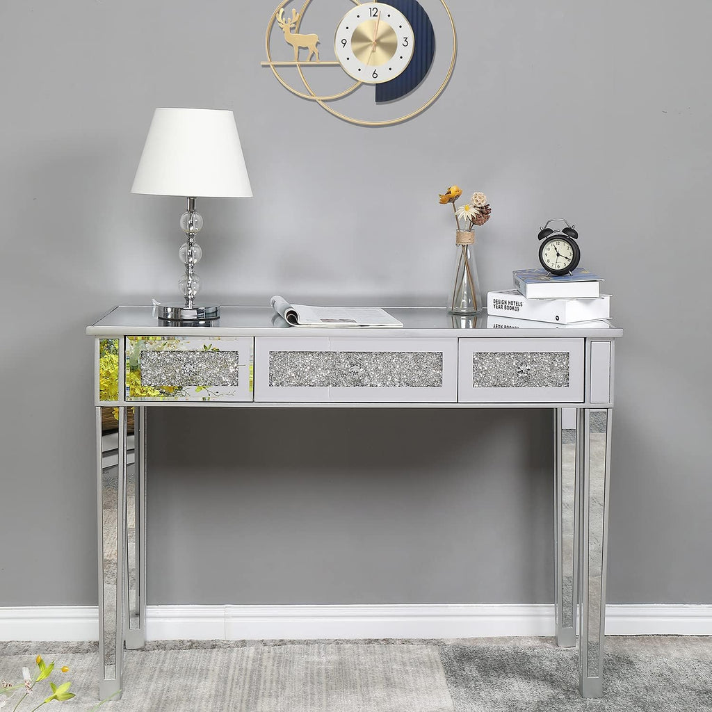 VINGLI Silver Mirrored Vanity Desk, Makeup Vanity Desk, Glass Desk with 3 Drawers, Glass Vanity for Women Girls Bedroom, Makeup Room & Office Writing Desk