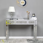 VINGLI Silver Mirrored Vanity Desk, Makeup Vanity Desk, Glass Desk with 3 Drawers, Glass Vanity for Women Girls Bedroom, Makeup Room & Office Writing Desk