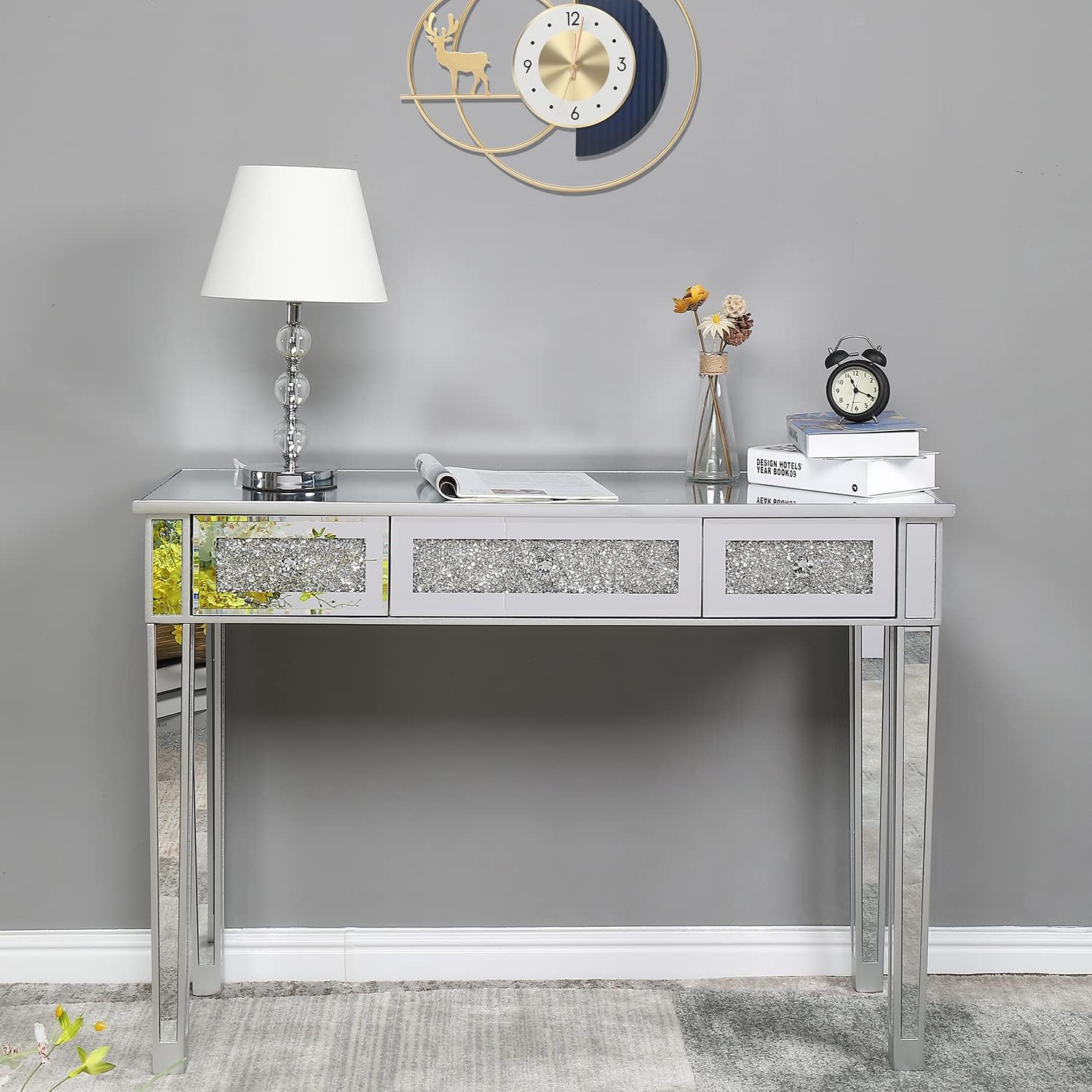 VINGLI Silver Mirrored Vanity Desk, Makeup Vanity Desk, Glass Desk with 3 Drawers, Glass Vanity for Women Girls Bedroom, Makeup Room & Office Writing Desk