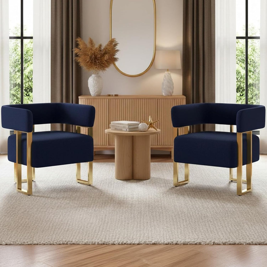 AODAILIHB Blue Modern Accent Chairs Set of 2, Velvet Barrel Chairs with Gold Metal Legs - Upholstered Armchairs for Living Room, Bedroom, Lounge & Waiting Room