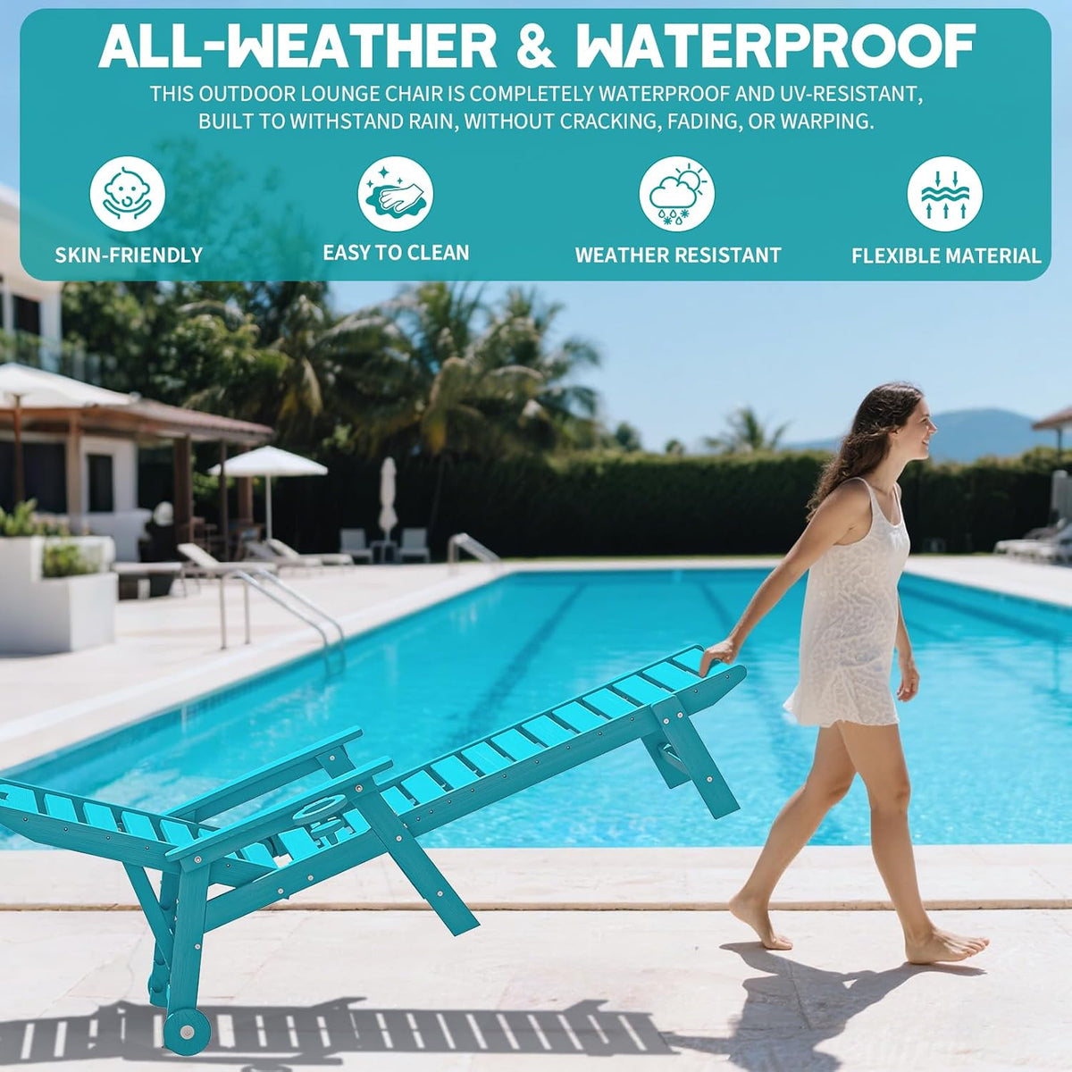 Plawdlik Oversized Patio Chaise Lounge, HDPE 5 Positions Adjustable, Aruba
