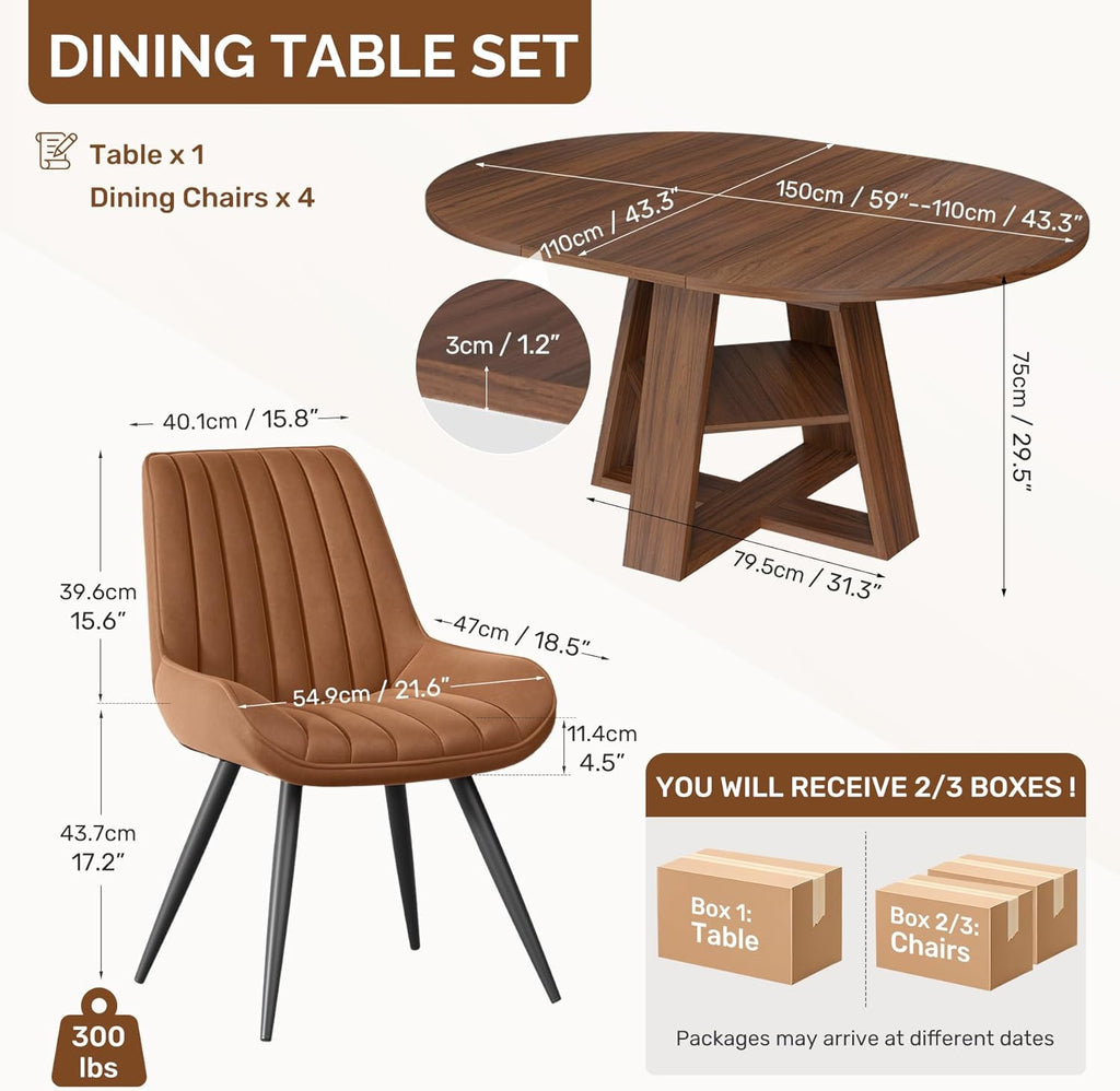 Extendable Round Dining Table Set for 4-6, 5-Piece Oval Kitchen Table with Hidden Storage, Wooden Dining Table Set with Upholstered Chairs for Small Spaces, Apartment