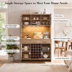 77" Tall Pantry Cabinet & Coffee Bar Cabinet with Storage,Natural Oak | Wine Cabinet for Dining Room Home with LED Lighting & Charging Station, Bar Cabinets for Kitchen,Dining Room, Living Room