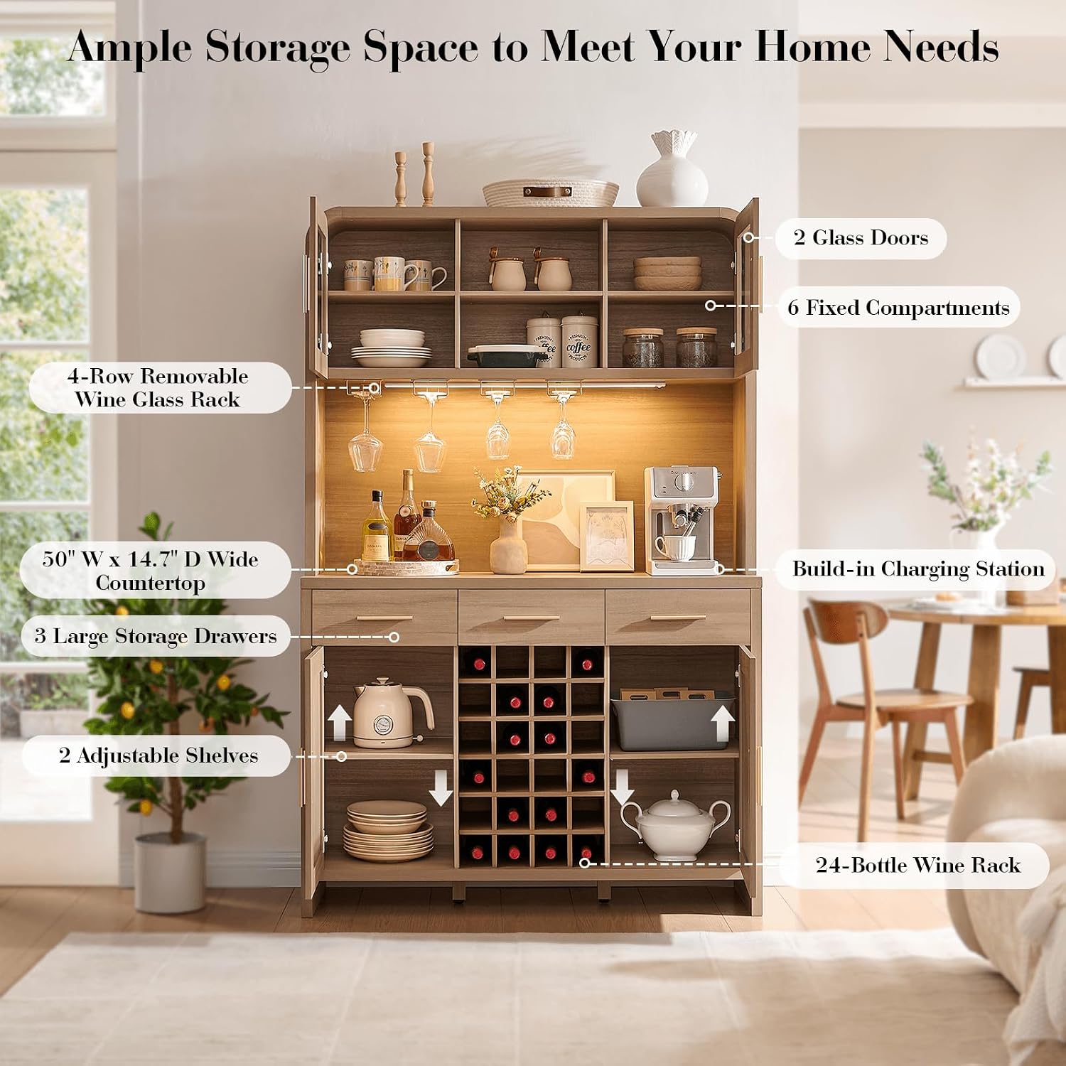 77" Tall Pantry Cabinet & Coffee Bar Cabinet with Storage,Natural Oak | Wine Cabinet for Dining Room Home with LED Lighting & Charging Station, Bar Cabinets for Kitchen,Dining Room, Living Room
