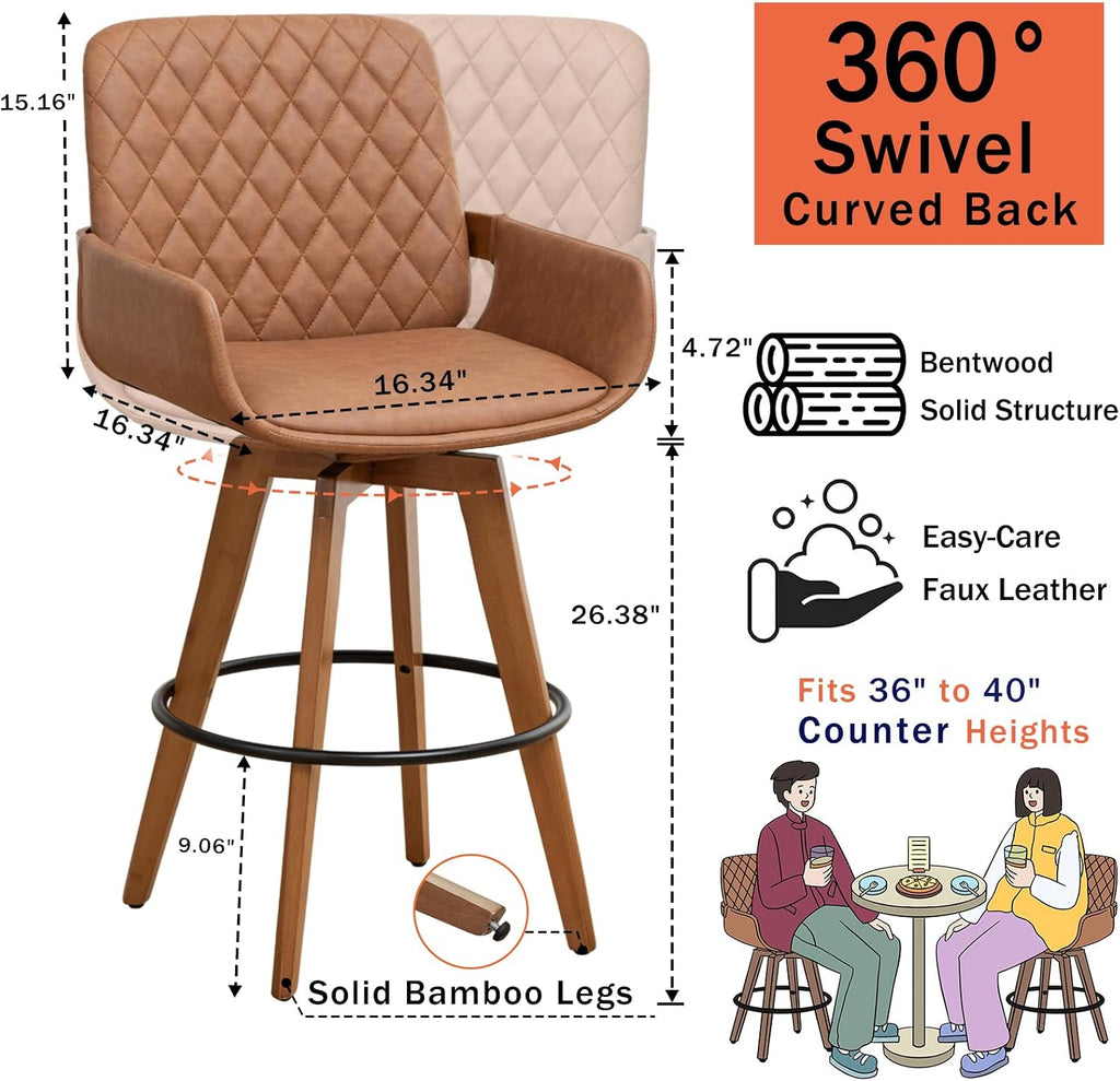 Swivel Counter Stool Set of 1 with Walnut Finish and Bamboo Legs, 26.3 Inch Counter Height Mid-Century Counter Stool with Curved Back and Armrests, Faux Leather Seat, Kitchen Island Seating, Brown
