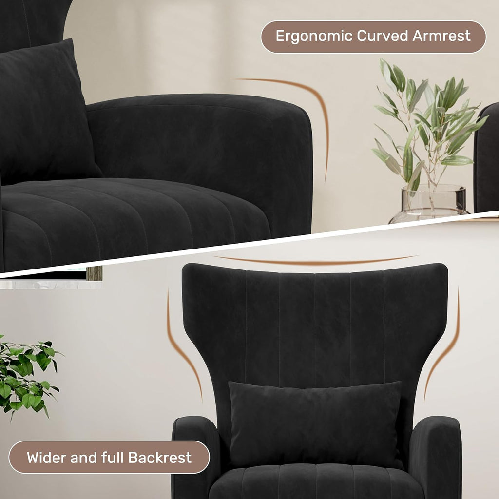 Nebuaegis Black Velvet Accent Chair Set of 2, Wingback Chair for Living Room, High Back Arm Chair with Golden Legs Lumbar Pillow, Upholstered Single Sofa Bedroom