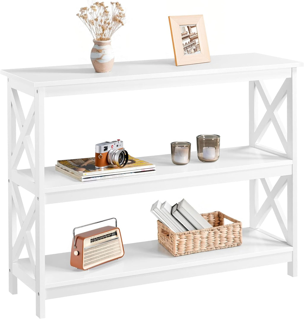 Yaheetech 42"L White Console Table 3-Tier Narrow X-Frame Open Storage Shelf | Sofa Table for Entryway, Hallway and Living Room, Slim 14" Depth, Powder-Coated MDF, 88 lb Top Load, Easy Assembly