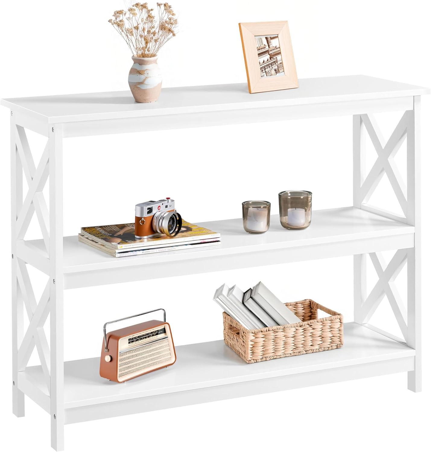 Yaheetech 42"L White Console Table 3-Tier Narrow X-Frame Open Storage Shelf | Sofa Table for Entryway, Hallway and Living Room, Slim 14" Depth, Powder-Coated MDF, 88 lb Top Load, Easy Assembly