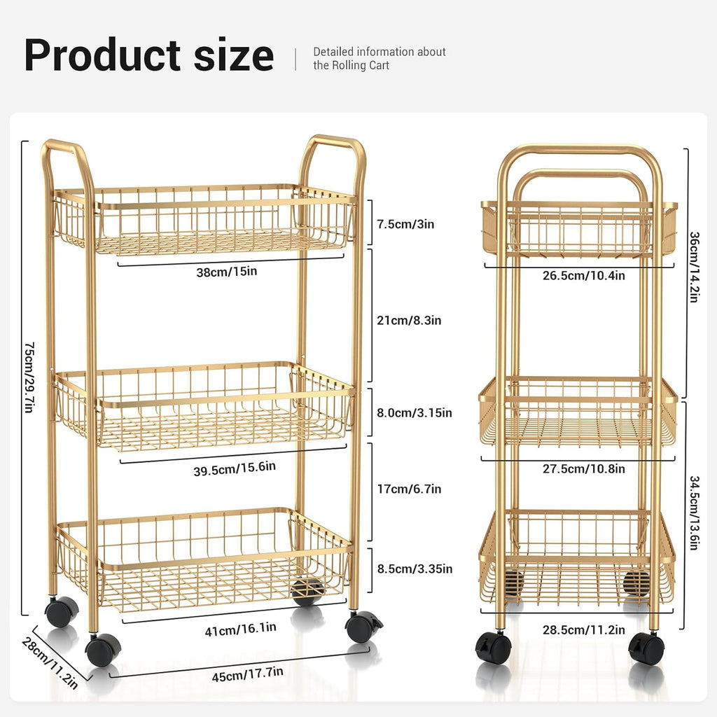 3 Tier Rolling Utility Cart, Storage Trolley Service Cart with Wheels Easy Assembly for Kitchen, Living Room, Office, Salon, Gold | Storage Trolley Service Cart with Lockable Wheels, Easy Assembly for Kitchen, Living Room, Office, Salon, Dorm