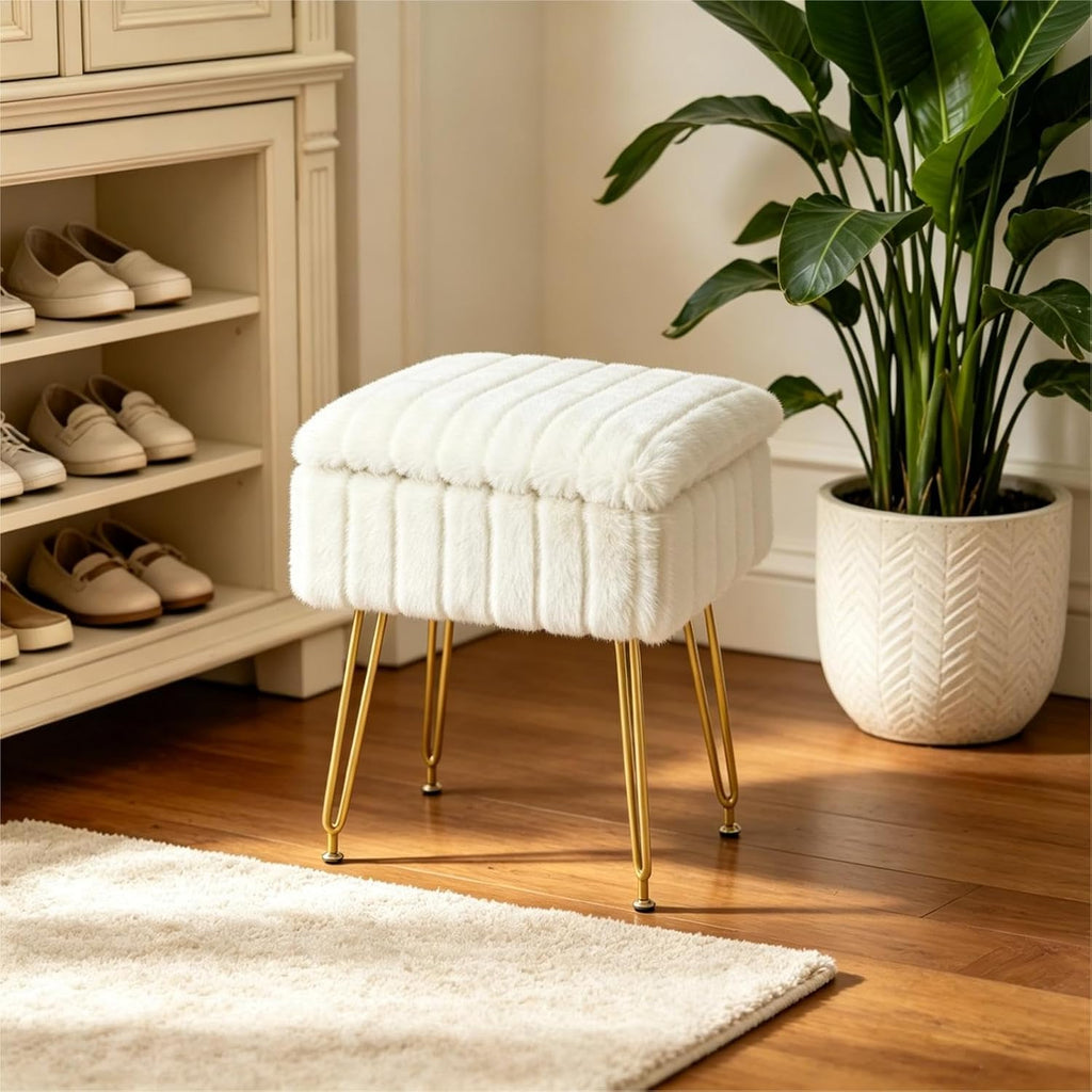 FUXA Vanity Stool Chair with Storage, Faux Fur and Metal Legs, White | Soft Padded Seat, Anti-Slip Adjustable Feet, Modern Style, Multifunctional for Bedroom and Entryway
