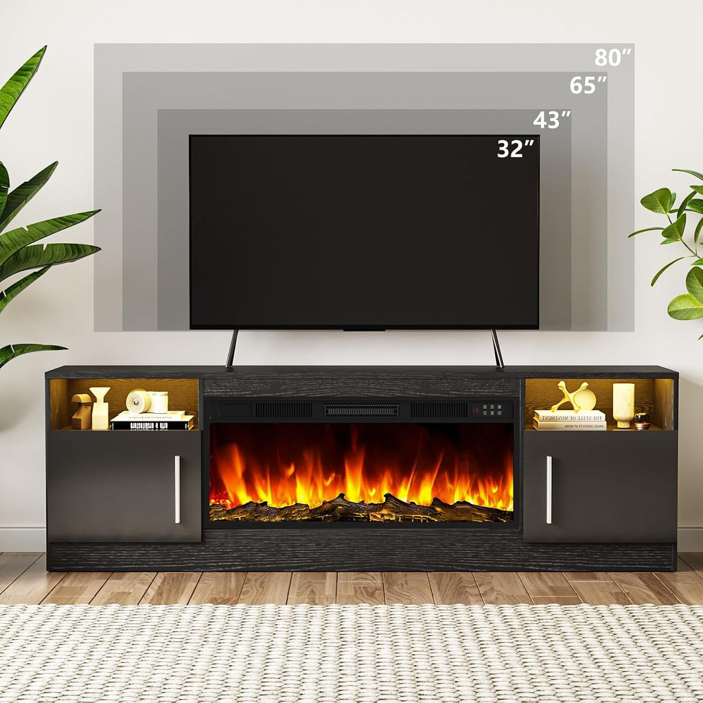 Tavata Fireplace TV Stand 70" Entertainment Center with 36" Fireplace, Wooden TV Stand for TVs Up to 80", Media TV Console with High Gloss Storage Cabinet and 20 Colors LED Lights (Black)