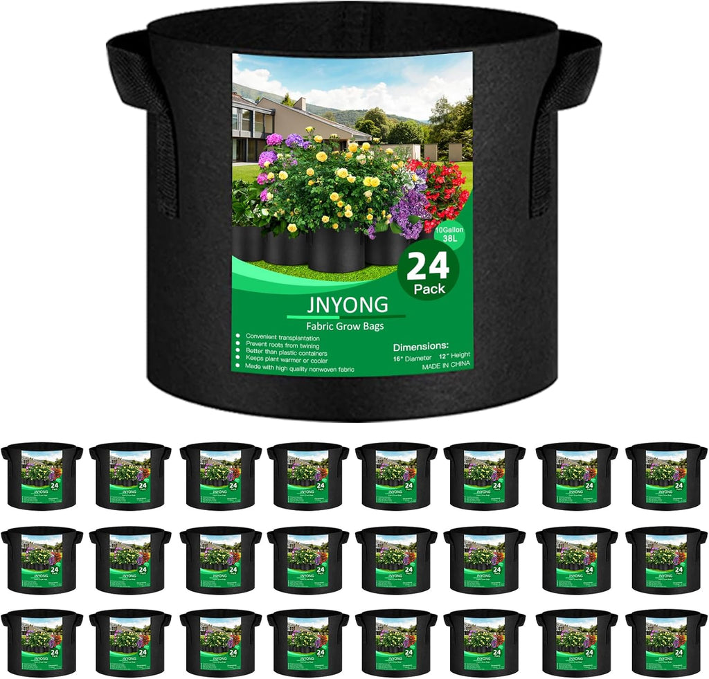 24-Pack 10 Gallon Thickened Non-Woven Grow Bags, Aeration Fabric Pots with Handles