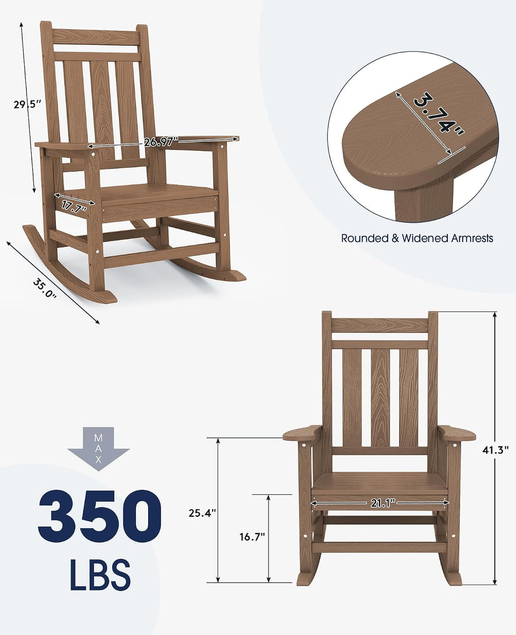 KINGYES Oversized Outdoor Rocking Chair Set of 2, HDPE Patio Rockers, Brown | | All-Weather Patio Rocking Chairs for Porch | High Back & Wide Seat for Garden, Lawn