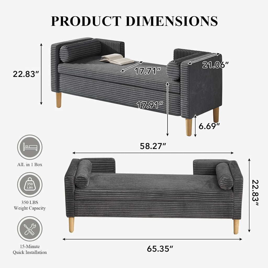 65.35" Storage Bench, Corduroy Upholstered End of Bed Bench with Bolster Pillows, Modern Storage Bench with Natural-Patterned Wooden Legs, Comfy Entryway Bench for Entryway (Charcoal)