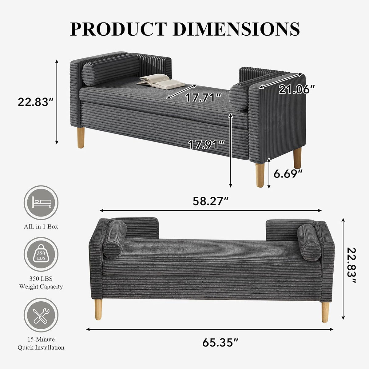 65.35" Storage Bench, Corduroy Upholstered End of Bed Bench with Bolster Pillows, Modern Storage Bench with Natural-Patterned Wooden Legs, Comfy Entryway Bench for Entryway (Charcoal)