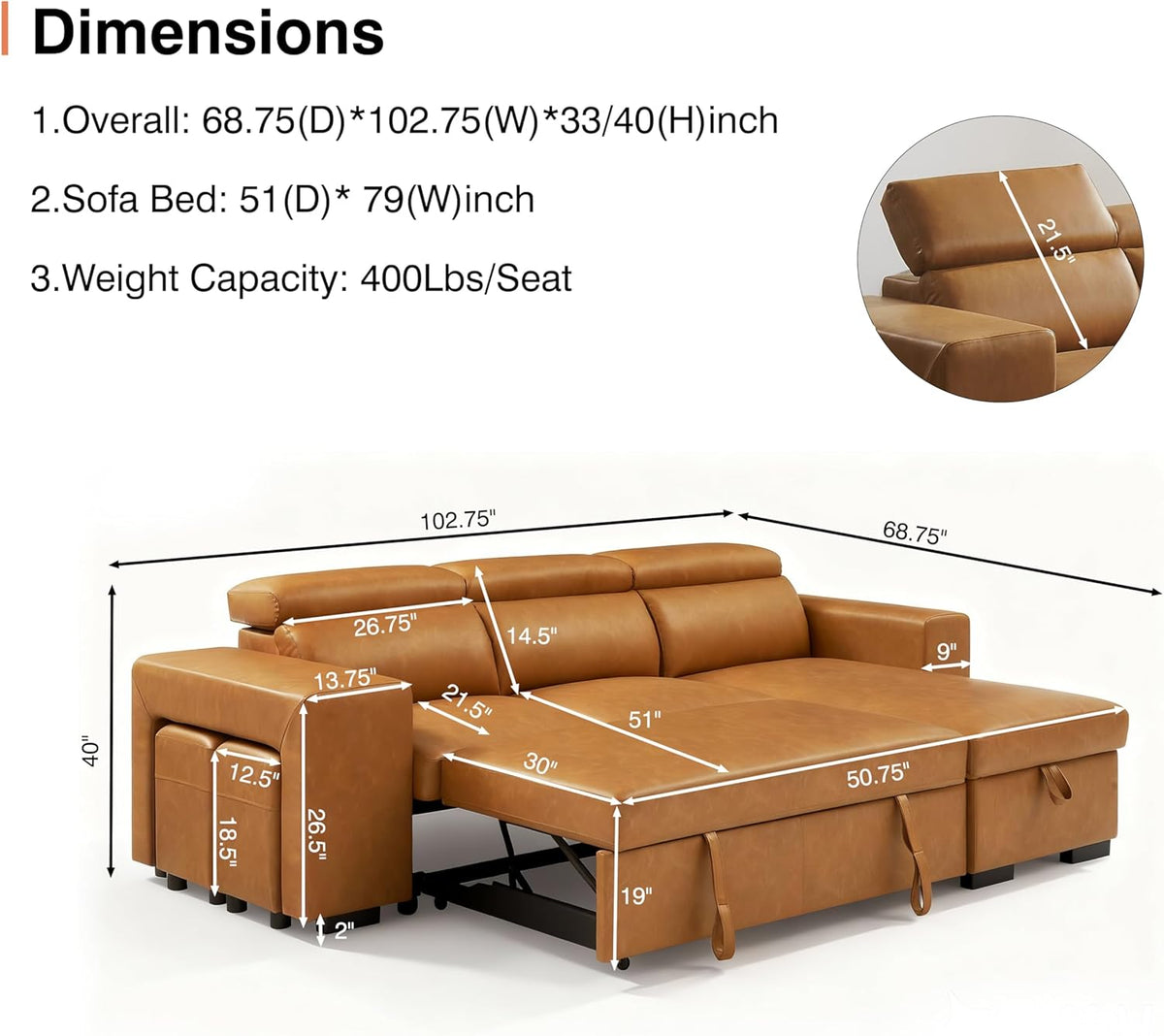 THSUPER 102'' Leather L Shaped Sectional Sleeper Sofa with Pull Out Bed, Sleeper Sectional Couch with Reversible Storage Chaise and Adjustable Headrest, Moder Leather Couches for Living Room. Brown | Breathable material