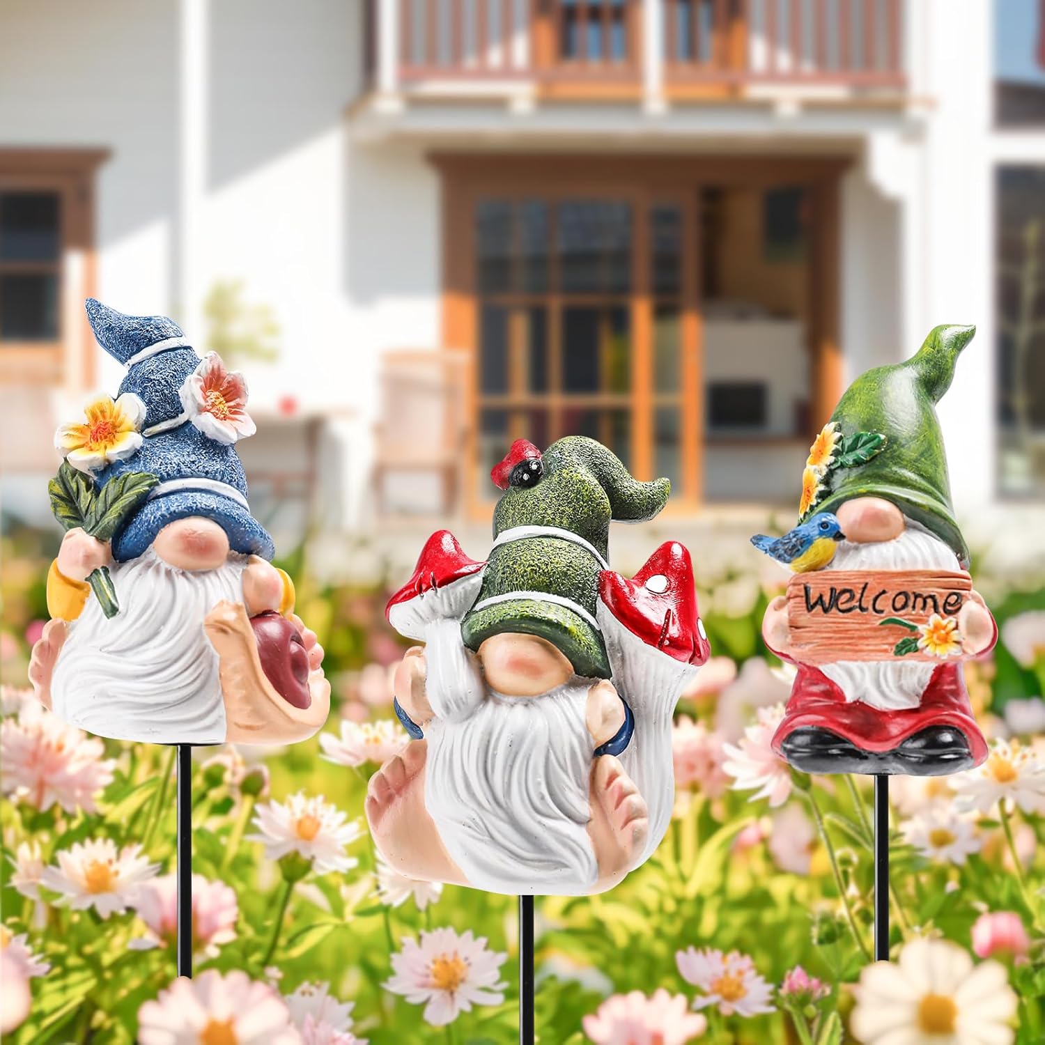 Garden Gnomes Stakes 3 Inch Plant Decorations for Pots Outdoor Statues Indoor 3 Pack Large Garden Gnomes Decorations for Home