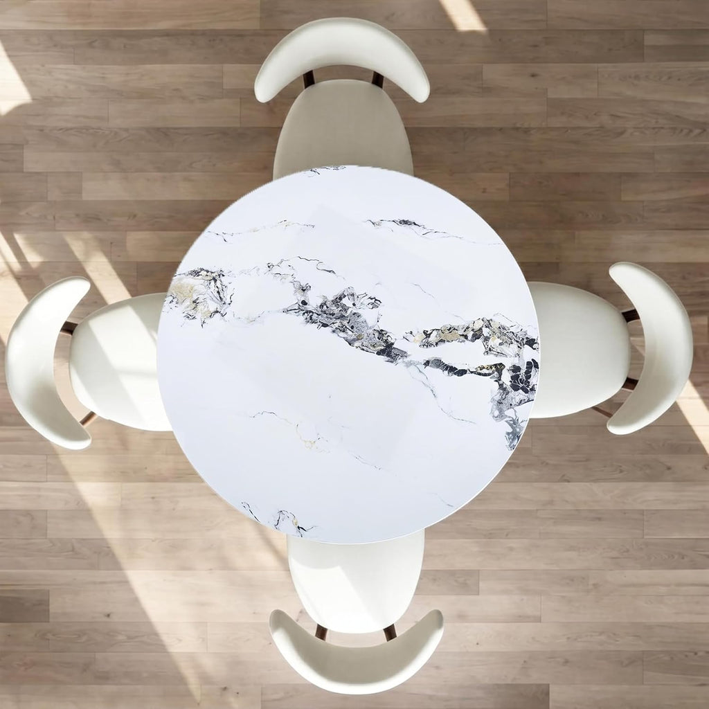 YYQ 45" Round Dining Table Set, Faux Marble Dining Table with 4 Dining Chairs Set, Tempered Glass Tabletop with Antique Brass Metal Base (45" Table with 4 Chairs)