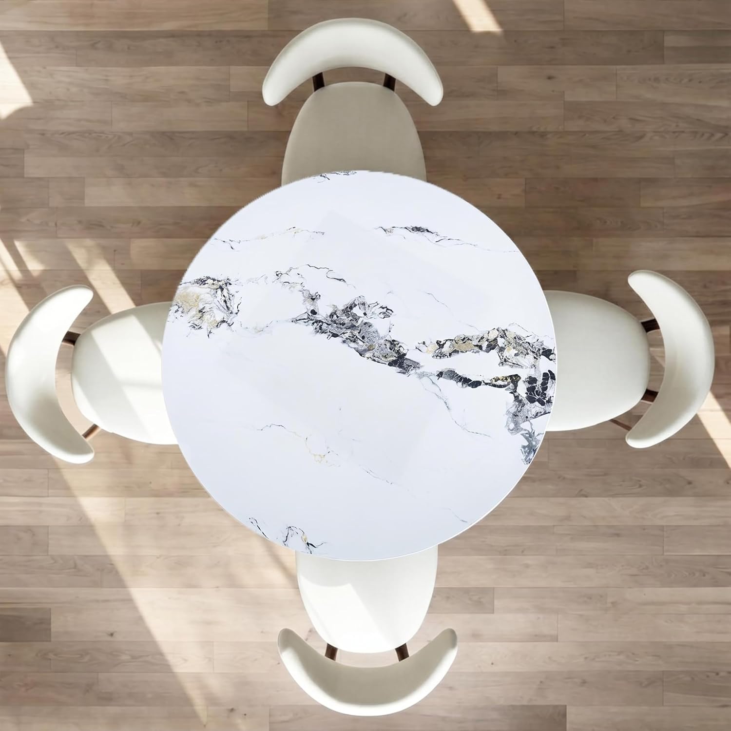 YYQ 45" Round Dining Table Set, Faux Marble Dining Table with 4 Dining Chairs Set, Tempered Glass Tabletop with Antique Brass Metal Base (45" Table with 4 Chairs)