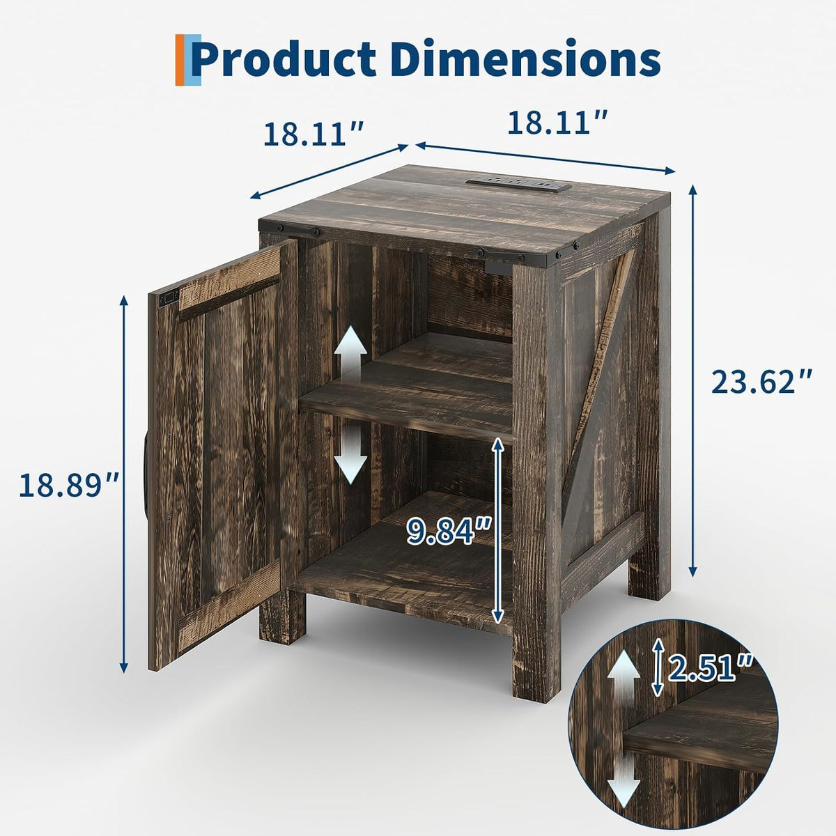 Takywep 18 Inch Nightstand with Charging Station, Farmhouse Wooden Bedside Table with Barn Door and Adjustable Shelf, 2-Tier End Table for Bedroom Living Room, Dark Brown
