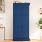 Merax 77'' Tall Freestanding Kitchen Pantry, 35''Lx17.7''W Modern Shaker Style Cupboard Storage Cabinet with Adjustable Shelves,Door Shelves, Drawers and Wine Racks, Blue