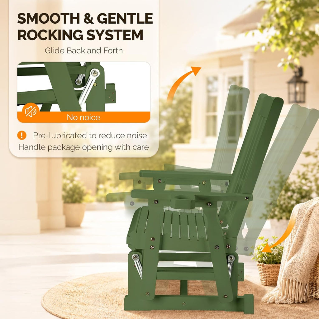 VINGLI Outdoor Glider Chair Wood Patio Glider with Cup Holder, Porch Glider with Smooth Rocking Mechanism, Heavy Duty 600 LBS, Dark Green