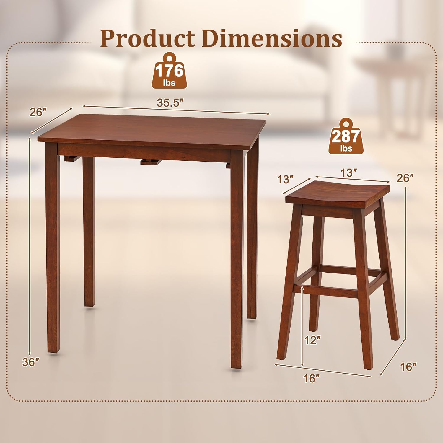 Giantex Bar Table and Chairs Set - 3-Piece Counter Height Dining Table Set with Hangable Bar Stools, Wood Veneered Tabletop, Rubber Wood Legs, Space Saving Dinette Set, Breakfast Nook Table Set, Brown