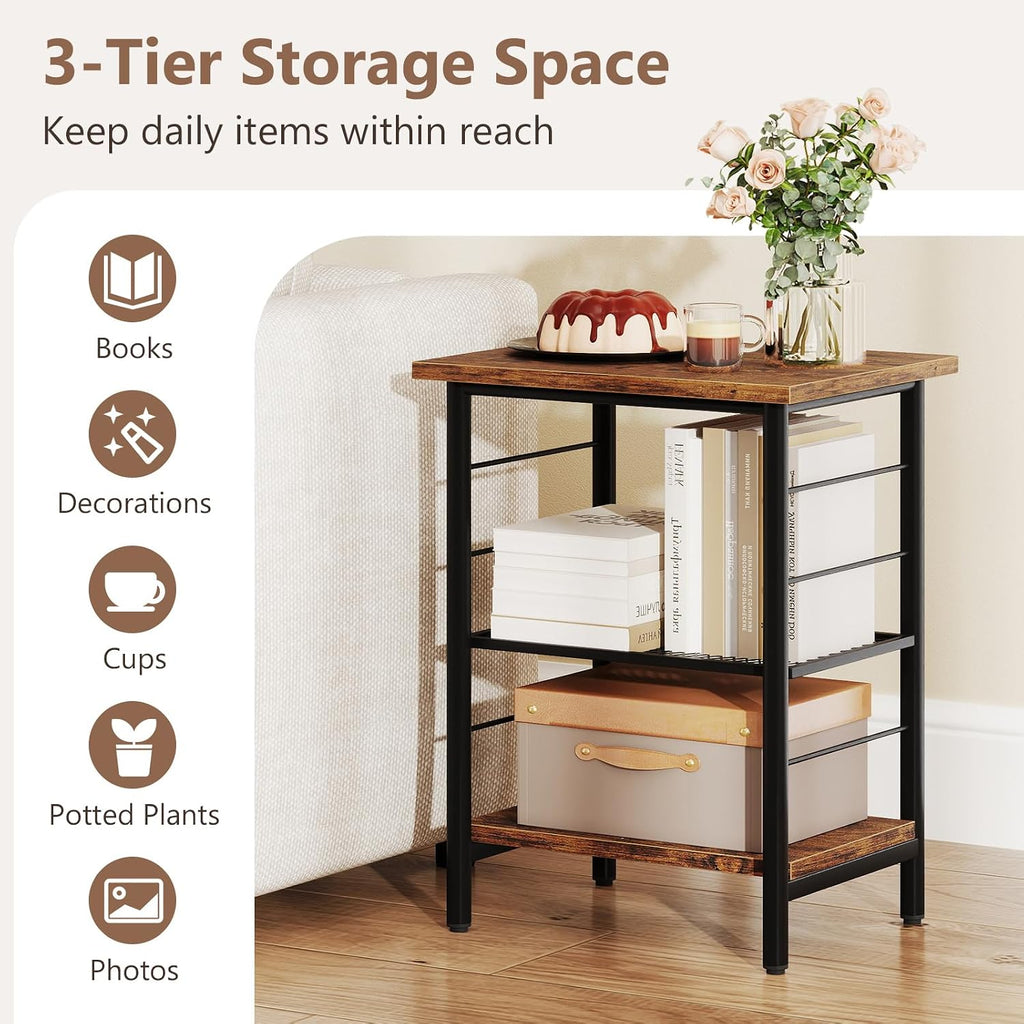Giantex 3-Tier Side Table with Adjustable Mesh Shelf, Industrial Nightstand, Small End Table Stand for Living Room, Bedroom, Office, 12" D x 15" W x 20" H